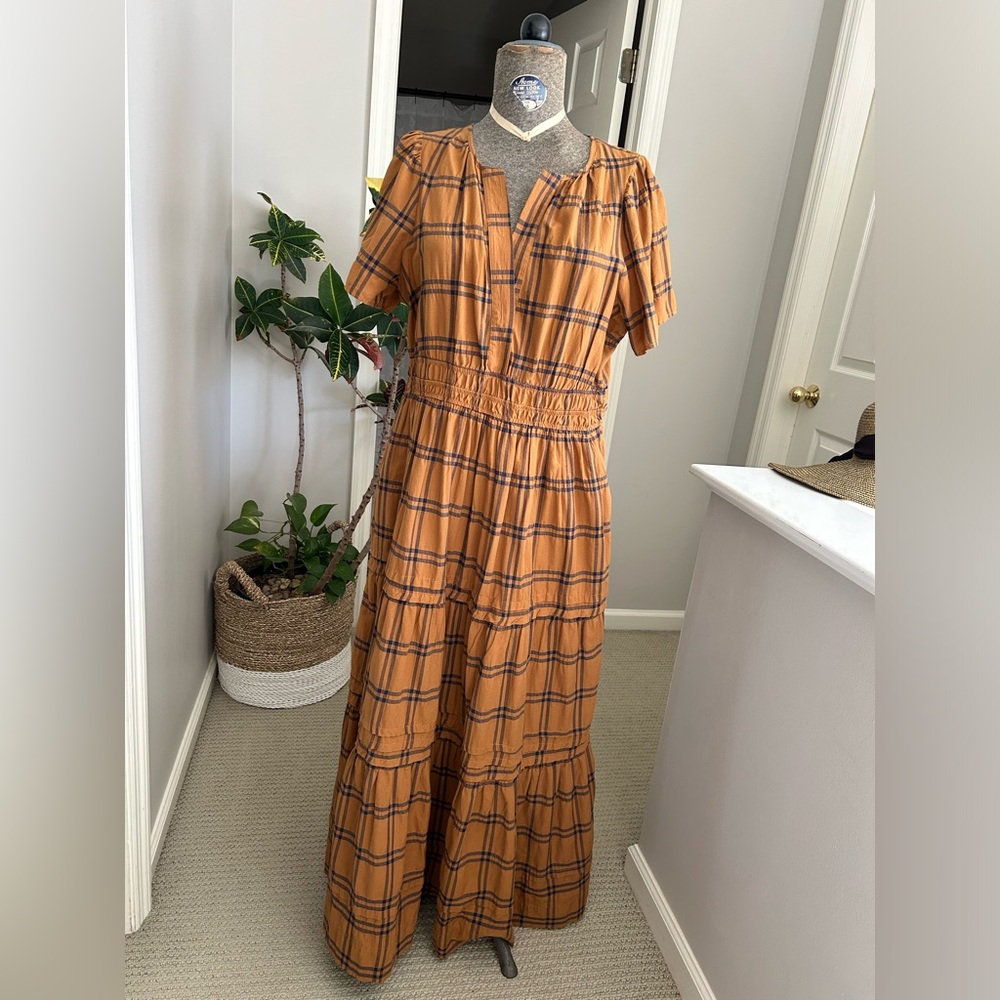 Anthropologie Orange Plaid Maxi Dress